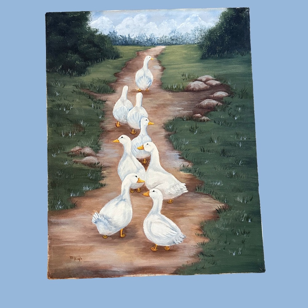 Original 1987 Country Cottage Geese Painting by M Hogle Acrylic on Canvas 11x14” - Picture 15 of 15